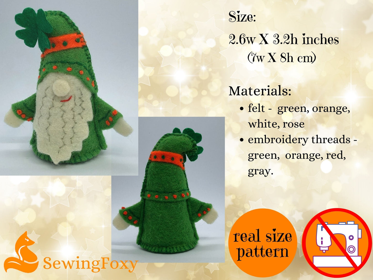 St Patrick Gnome felt soft toy sewing pattern
