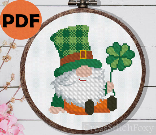 St. Patrick Irish Gnome Tartan Hat Shamrock Cross Stitch Pattern