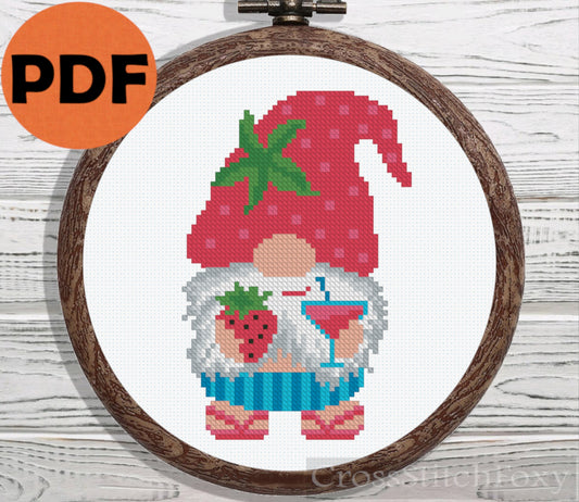 Summer Gnome with strawberry cross stitch pattern