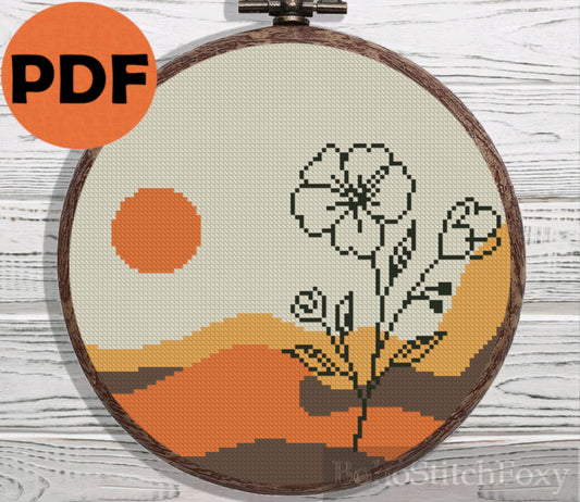 Sunset desert landscape with flowers cross stitch pattern