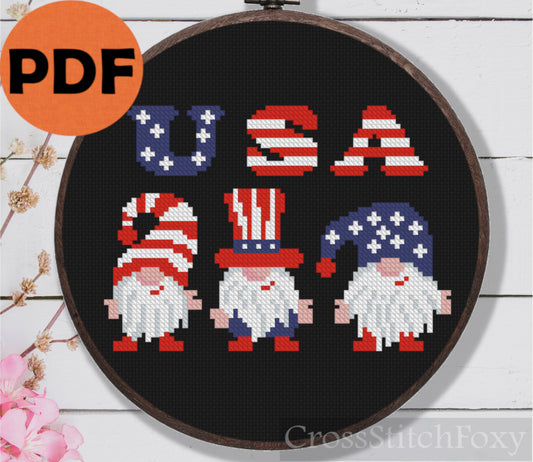 Tiny Patriotic Gnomes th July US Flag Cross Stitch Pattern PDF