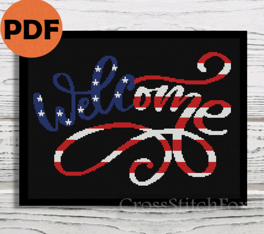 USA Flag Welcome sign cross stitch pattern