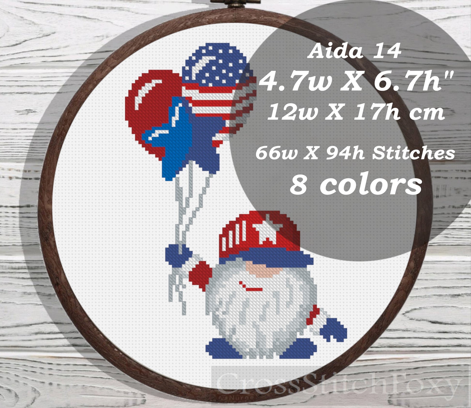 USA Patriotic Gnome With Balloons cross stitch pattern
