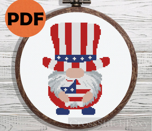 USA Patriotic Gnome With Flag cross stitch pattern