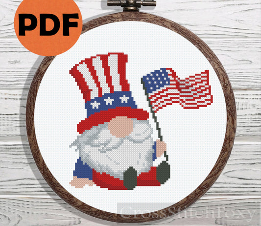 USA Patriotic Gnome With Flag cross stitch pattern