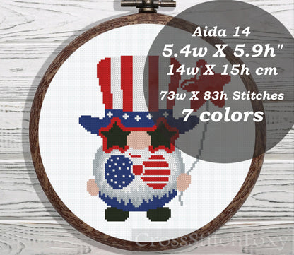 USA Patriotic Gnome With Sunglasses cross stitch pattern