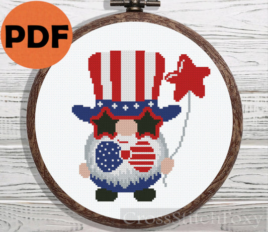 USA Patriotic Gnome With Sunglasses cross stitch pattern