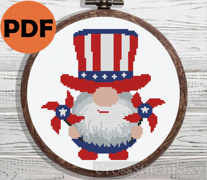 USA Patriotic Gnome cross stitch pattern