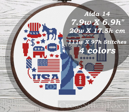 USA Patriotic Heart cross stitch pattern