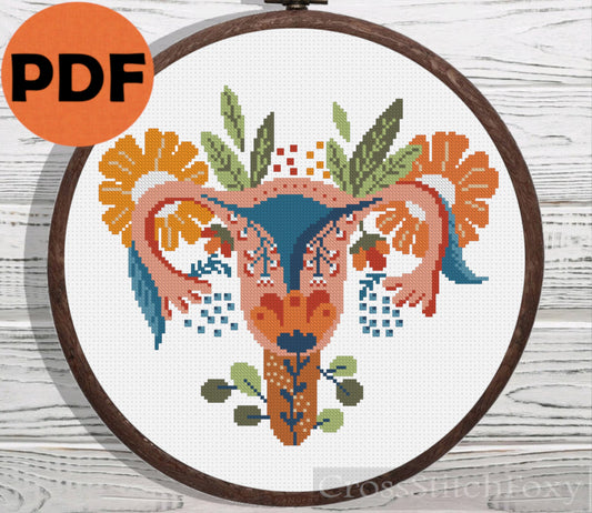 Uterus floral cross stitch pattern
