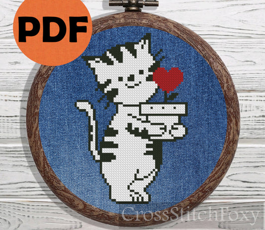Valentine Cat with Flower cross stitch pattern