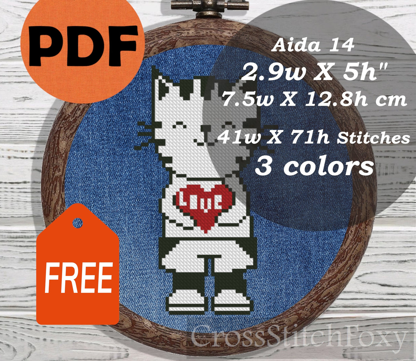 Valentine Cat with Heart cross stitch pattern