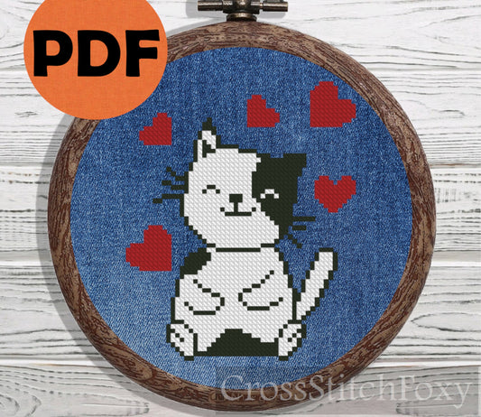 Valentine Cat with Hearts cross stitch pattern