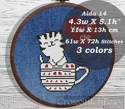 Valentine Cat in the cup cross stitch pattern