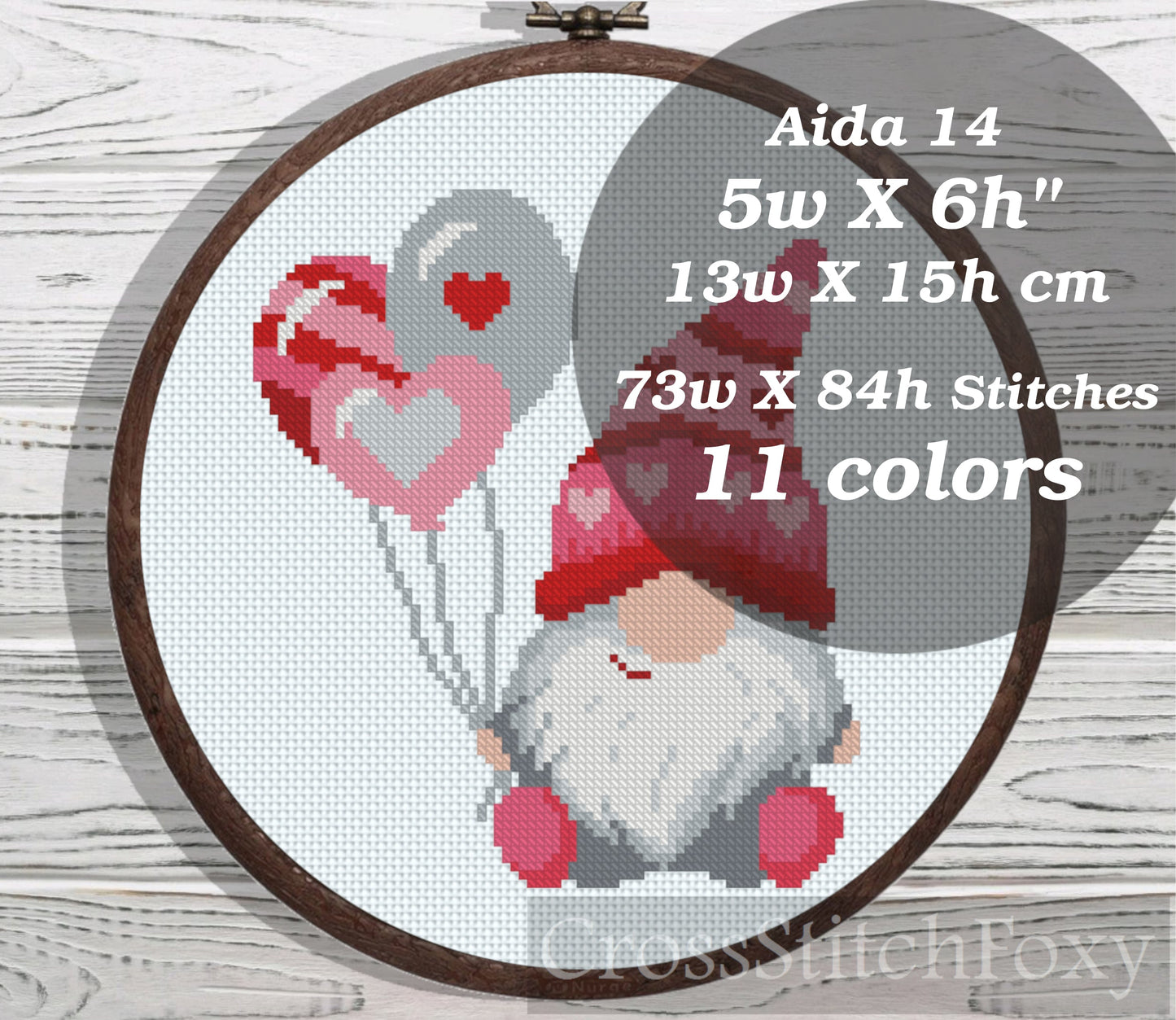 Valentine Gnome with balloons cross stitch pattern