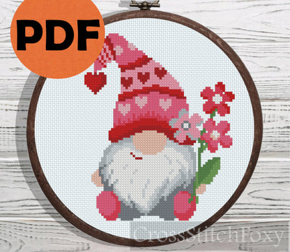 Valentine Gnome with flowers cross stitch pattern