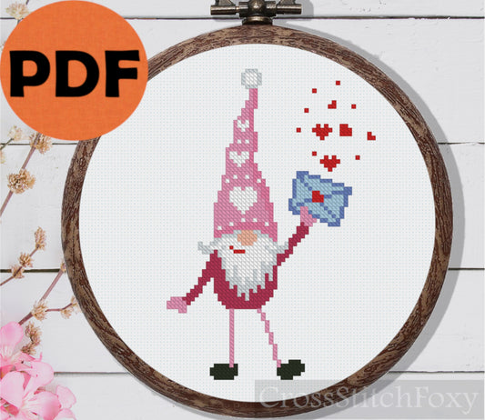 Valentine gnome cross stitch pattern