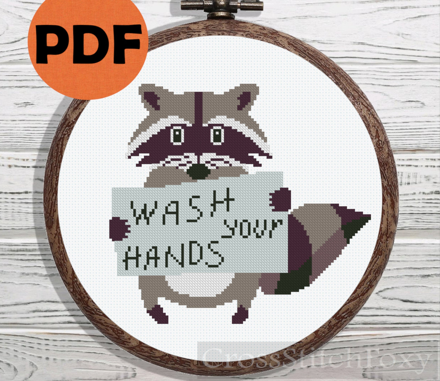 Wash Your Hands Raccoon cross stitch pattern