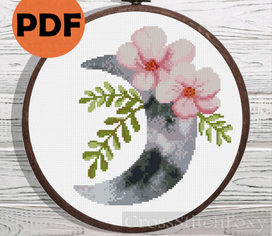 Watercolor Floral Moon cross stitch pattern