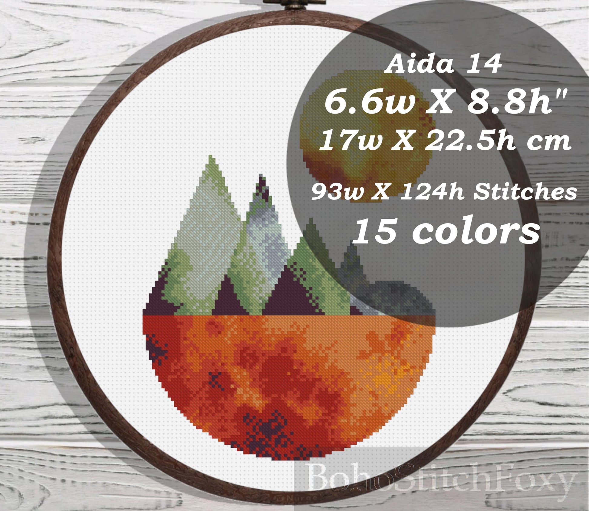 Watercolor Mid Century landscape sun and forest cross stitch pattern