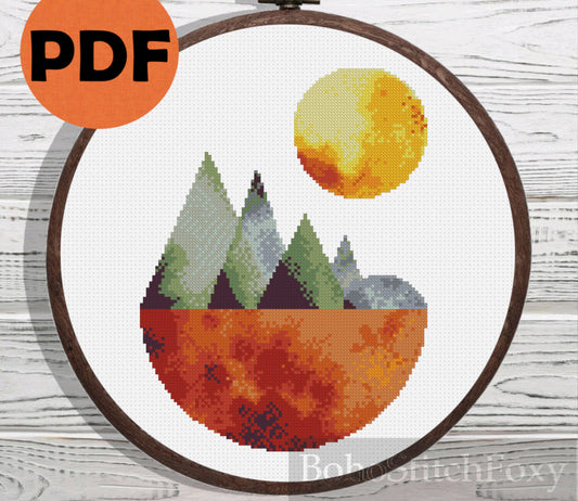 Watercolor Mid Century landscape sun and forest cross stitch pattern
