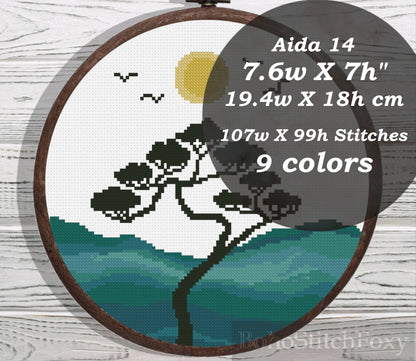 Watercolor landscape bonsai tree cross stitch pattern