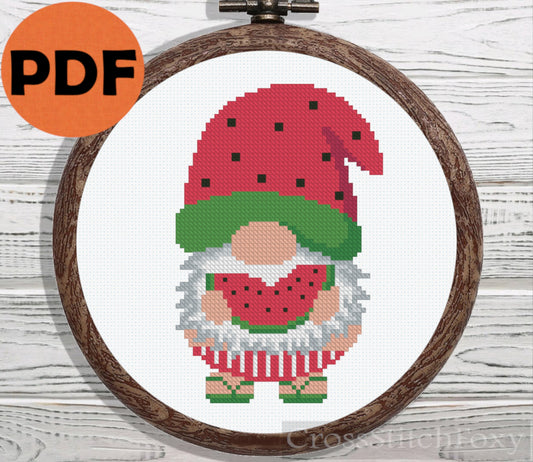 Watermelon gnome cross stitch pattern