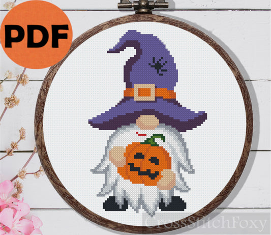Witch Hat Gnome with Pumpkin Cross Stitch Pattern