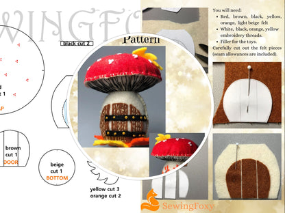 Mushroom fairy house soft toy sewing pattern