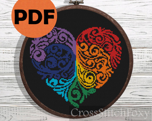 Rainbow Floral Heart cross stitch pattern