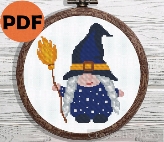 Witch gnome with hat and broom cross stitch pattern