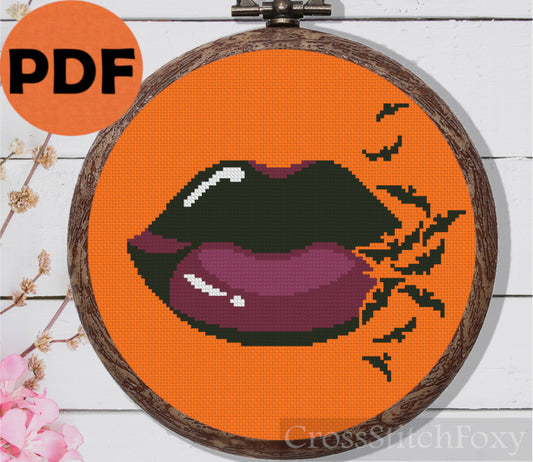 Halloween Lips Bat Sexy Gothic Makeup Cross Stitch Pattern