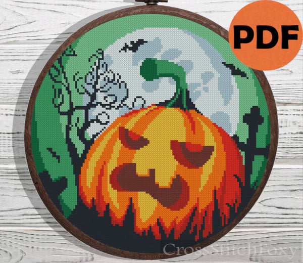Halloween spooky pumpkin moon landscape cross stitch pattern – Cross ...
