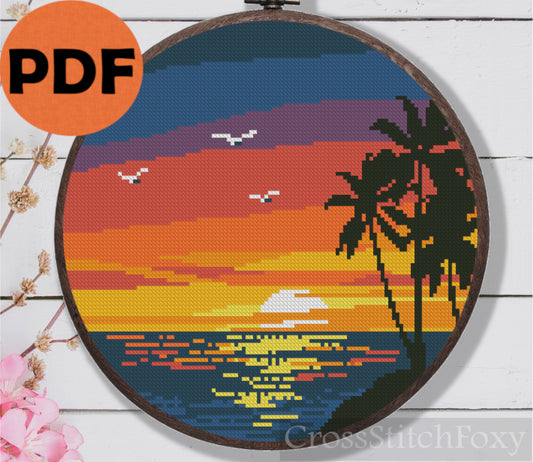 Ocean Palm Sunset Beach Landscape Cross Stitch Pattern