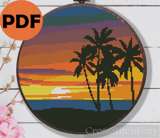Sunset Palm Beach Ocean Landscape Cross Stitch Pattern