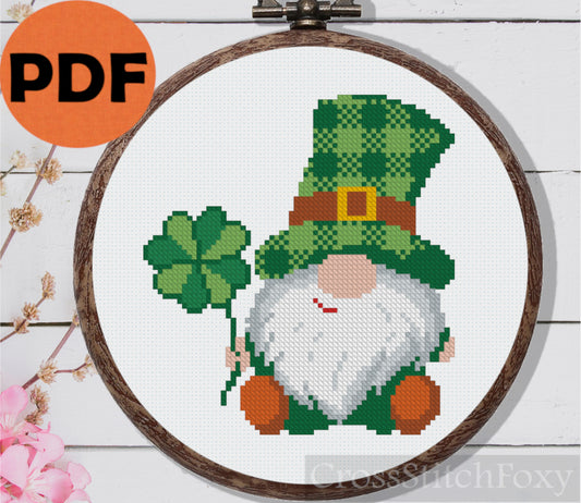 St. Patrick Irish Gnome Tartan Hat Shamrock Funny Cross Stitch Pattern