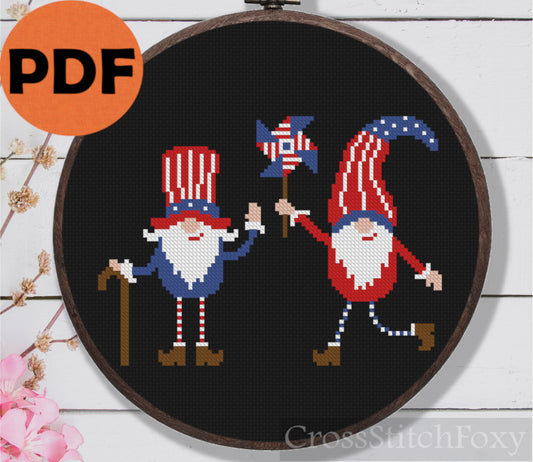 th July Tiny Gnomes US Flag Cross Stitch Pattern